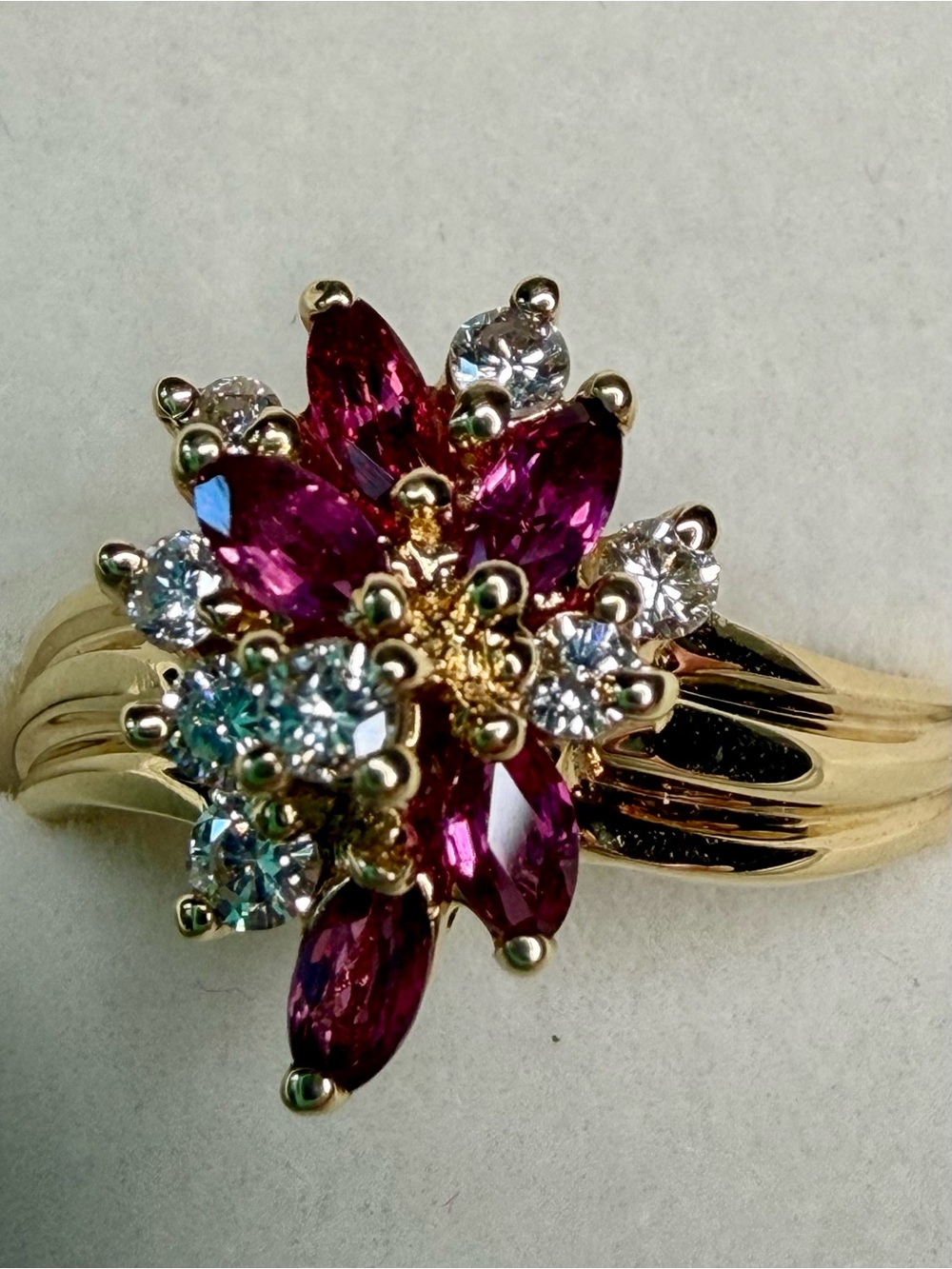 14K Yellow‎ Gold Ruby & Diamond Cluster Ring 5 Marquis Rubies 8 .22ct. Diamonds